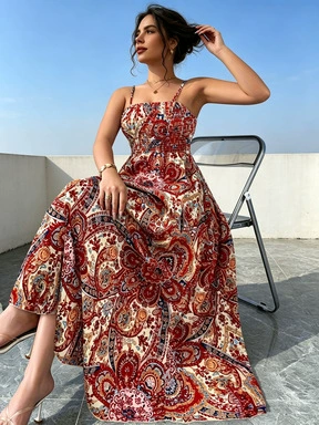 ID:21664 - Bohemian retro red printed suspender long skirt